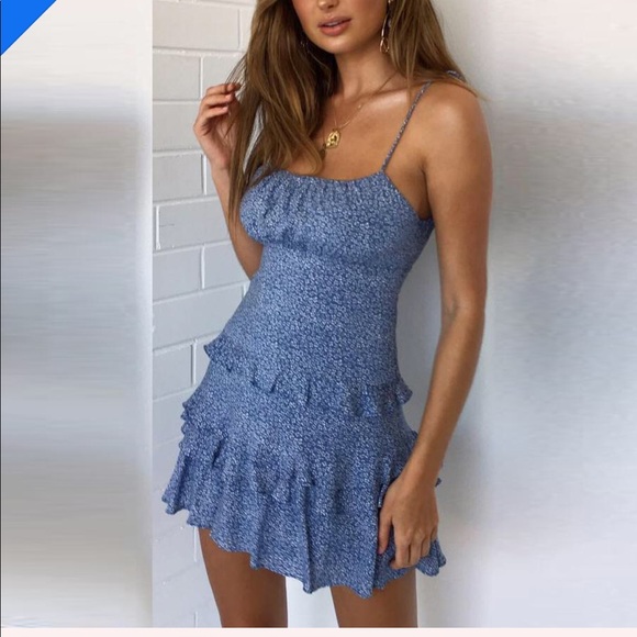 Dresses & Skirts - Mini blue dress with white flowers w/ tie straps